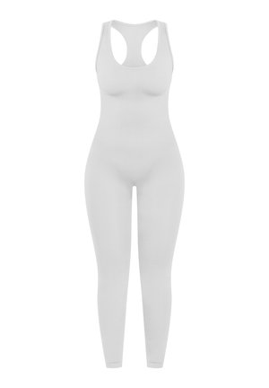 Hvid ribbet bodysuit med rund halsudskæring og racerback-design. Tætsiddende form, langærmede, sømløs konstruktion og glat tekstur.
