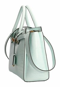 Bolso de mano verde menta con textura arrugada, forma estructurada, asas dobles y accesorios de hardware dorado. Bolsillo lateral con un diseño minimalista.