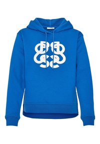 Blue sweatshirt with a white graphic logo, featuring a hood and front kangaroo pocket. Ribbed cuffs and hem add texture.