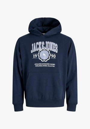 Dunkelblaue Kapuzenjacke mit einer Vorder-tasche, die ein weißes Logo und Text aufweist. Hergestellt aus einem Baumwollmix, hat sie eine Kordelzugkapuze und gerippte Bündchen.