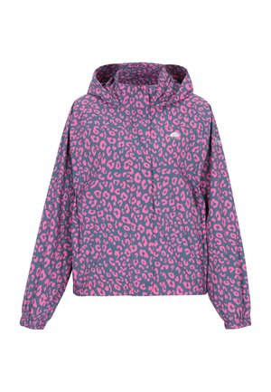 Lichtgewicht pulloverjack in grijs met roze luipaardprint. Voorzien van een capuchon, elastische boorden en een voorzak.