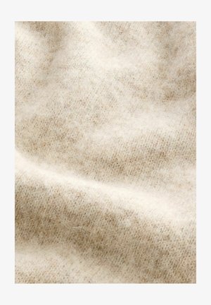 Světlé béžové vlněné tkaniny s měkkou, načechranou texturou, s jemným vzorem rybí kosti a drobnými barevnými odchylkami po celé ploše.