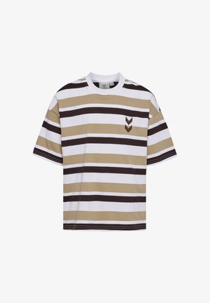 T-shirt med korte ærmer med vandrette beige, hvide og mørkebrune striber og to små chevron-designs på brystet.