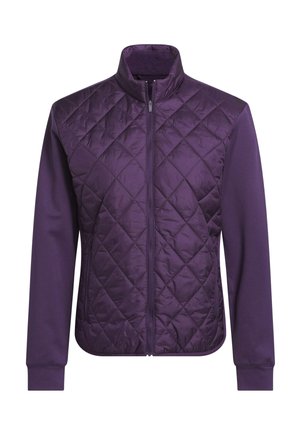 Giacca viola con una parte superiore trapuntata a motivo romboidale, parte inferiore liscia, colletto alto e chiusura con zip.