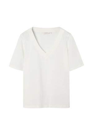 Balta v formos kaklo marškinėliai iš minkštos medvilnės. Trumpomis rankovėmis, laisvo kirpimo, švarios linijos, lygi tekstūra, minimalistinis dizainas, be raštų ar akcentų.