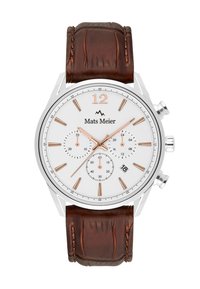 Men’s chronograph watch with a silver stainless steel case, white dial, rose gold accents, a brown leather strap, and date display at 6 o'clock.