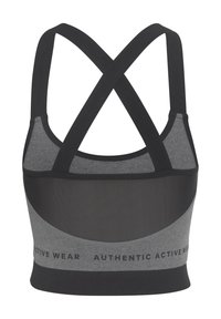 Grauer und schwarzer Sport-BH für Aktive mit überkreuzten Trägern, ausgestattet mit einem Netzdesign, kontrastierenden Farben und einem bedruckten Markenzeichen am Bund.