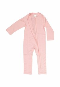 Rosa heldraget overall med mjukt tyg, utrustad med långa ärmar och en slät yta. Designad för komfort och enkel användning.