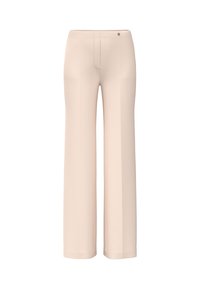 Cream-colored high-waist wide-leg trousers with a front button detail and clean minimalist design, shown on a white background.
