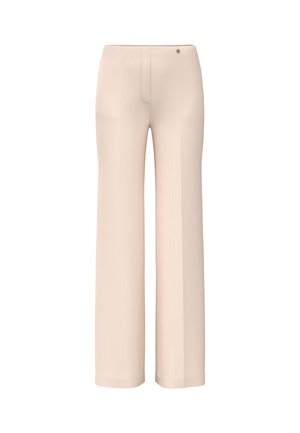 Cream-colored high-waist wide-leg trousers with a front button detail and clean minimalist design, shown on a white background.