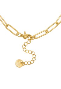 Collana in oro con elementi allungati, chiusura a gancio e catena regolabile con dettaglio a forma di cerchio.
