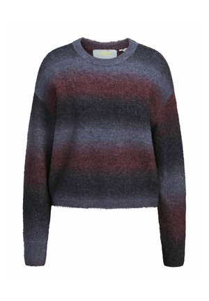 Langærmet, blød sweater med vandrette striber i mørkeblå, vinrød og sort, med rund halsudskæring.