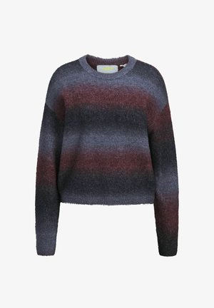Pull en maille duveteuse à manches longues avec des rayures horizontales en bleu foncé, bordeaux et noir, doté d'un col rond.