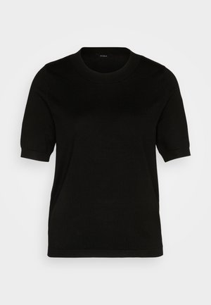 Black short-sleeve sweater with a round neckline, smooth knit texture, and fitted body, featuring ribbed cuffs and hem for a clean finish.