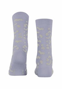 Hellblau-lila Knöchelsocken mit einem beigen abstrakten Muster. Glatte Textur mit soliden gerippten Bündchen. Größe am Boden angegeben.