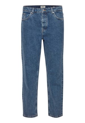 Blue denim jeans with a straight fit. Features five pockets, a button closure, and contrasting stitching. Fabric has a classic texture.