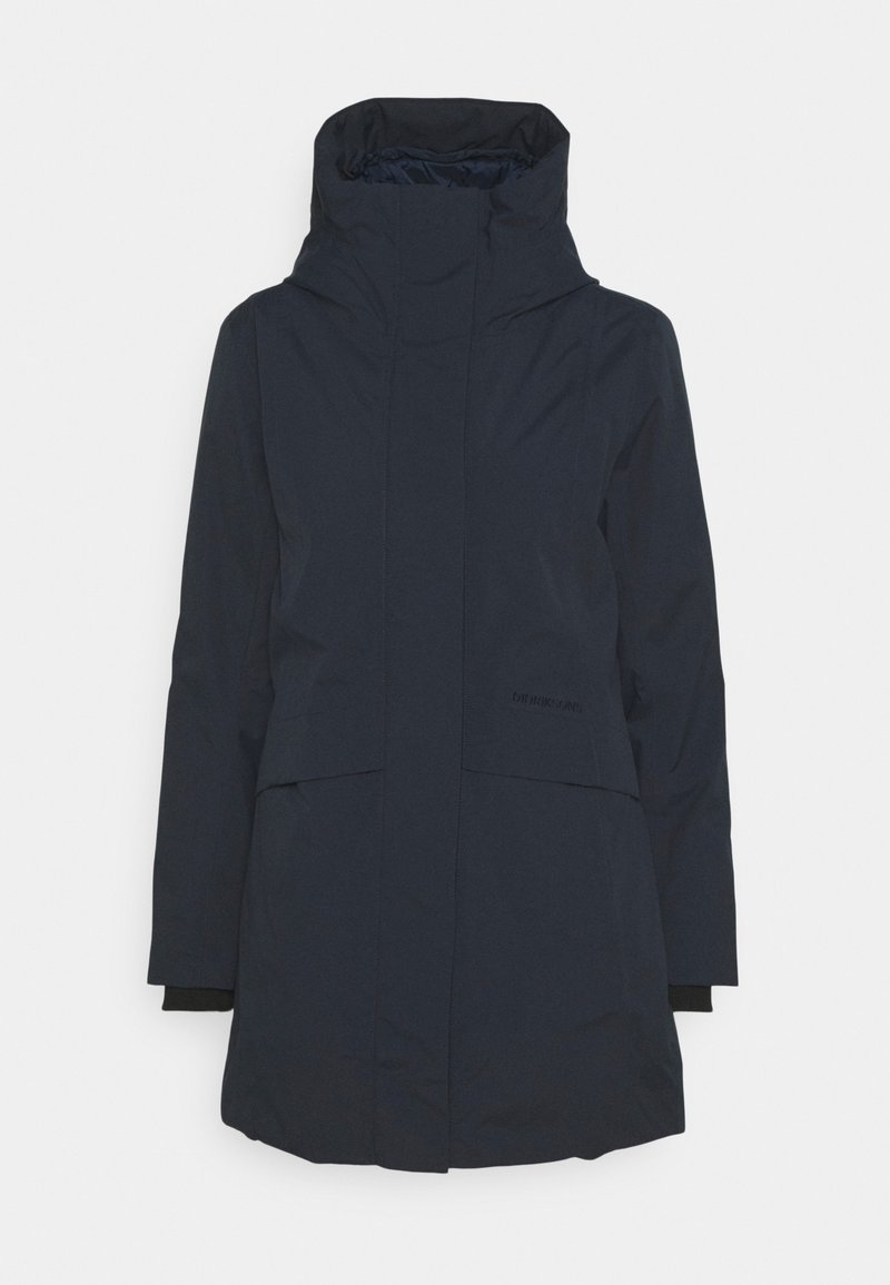 Navy waterproof parka jacket with a high collar, front pockets, and elastic cuffs. Features a minimalist design and no visible hardware.