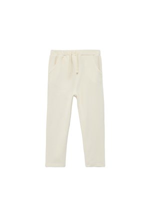 Beżowe, casualowe spodnie z elastycznym pasem, sznurkiem ściągającym i bocznymi kieszeniami, ułożone na płasko na białym tle.