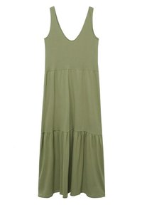Oliivinvihreä hihaton maksimekko, jossa on syvä V-pääntie, kerrostettu suunnittelu ja sileä, kevyt kangas.