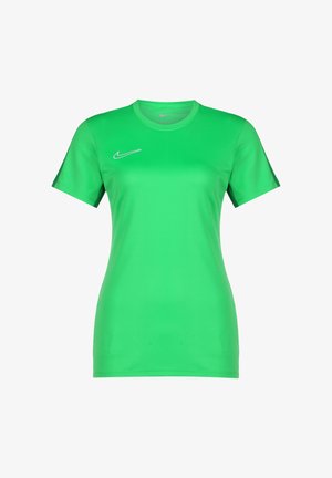 Maglietta sportiva verde a maniche corte realizzata in materiale leggero con colletto rotondo. Presenta un piccolo logo Nike bianco sul lato sinistro del petto.