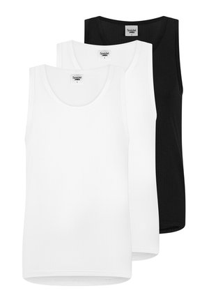 Tre herre ærmeløse tanktops i sort og hvid, lagdelt med hvide toppe foran og sort tanktop bagpå, ensfarvet design.
