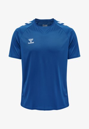 Blue short-sleeve T-shirt made of smooth synthetic fabric, featuring a crew neck and white chevrons on the shoulders. Hummel logo displayed.