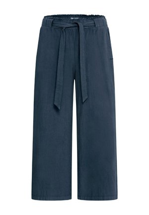 Wide-leg trousers in dark navy fabric with a textured finish. Features an elasticated waist, tie belt, and side pockets.