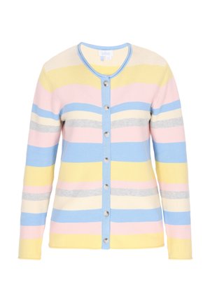 Gestreifte Strickjacke in Pastellfarben mit blauen, gelben, rosa und grauen Streifen. Gerippte Struktur mit rundem Ausschnitt und Knöpfen vorne.