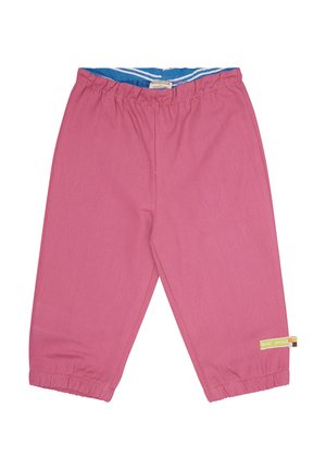 Pantaloni in cotone rosa con vita elasticizzata, polsini arricciati e fodera interna a strisce blu. Presenta un piccolo marchio sul lato.