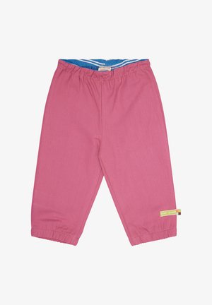 Roze katoenen broek met een elastische tailleband, geplooide boorden en een blauw gestreepte binnenvoering. Bevat een klein merklabel aan de zijkant.