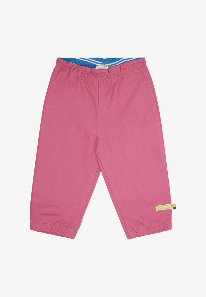 Roze katoenen broek met een elastische tailleband, geplooide boorden en een blauw gestreepte binnenvoering. Bevat een klein merklabel aan de zijkant.