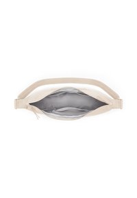 Béžová kabelka cez rameno s otvoreným zipsom, ktorý odhaľuje svetlosivú podšívku a menšiu zipsovú kapsu vo vnútri.