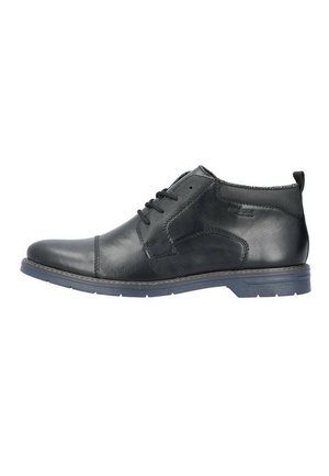 Schwarze Leder-Stiefeletten mit glatter Oberfläche, Schnürdesign, strukturierten seitlichen Einsätzen und einer blauen Gummisohle.