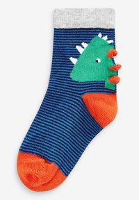Gestreifte blaue und marinefarbene Socke mit einem grauen Bund, die ein grünes Dinosaurier-Motiv, eine orange Spitze und strukturierte orangefarbene Stacheln aufweist.