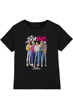 Black t-shirt featuring five animated young men in colorful casual clothes with "SAJA BOYS" and "KPOP DEMON HUNTERS" text above and below.