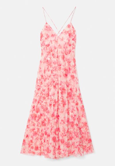 Pink floral midi dress with thin straps, pleated texture, lightweight fabric, and a deep V-neckline. Features a soft, faded pattern.