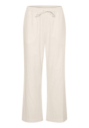Pantalons larges couleur blanc cassé avec taille élastique et cordon de serrage réglable, fabriqués en tissu léger et légèrement froissé.