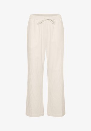 Offwhite weite Hose mit elastischem Bund und verstellbarem Kordelzug, aus leichtem, leicht gekrepptem Stoff.