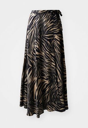 Wrap rok in een zwart en beige zebrapatroon. Gemaakt van lichte stof met een vloeiende ontwerp, voorzien van een striktaille en een asymmetrische zoom.