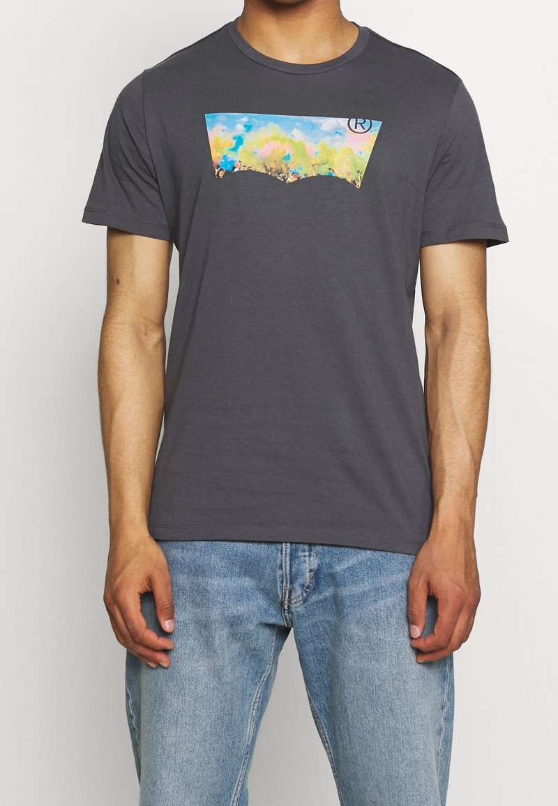 T-shirt en coton gris avec un design graphique coloré sur le devant, à manches courtes et avec un col rond classique.