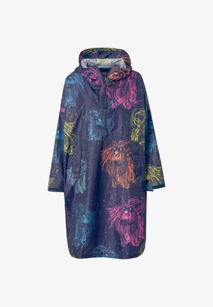 Poncho imperméable en bleu marine avec des motifs de chiens colorés et stylisés. Doté d'une capuche, d'une poche avant et d'une coupe décontractée pour un port facile.