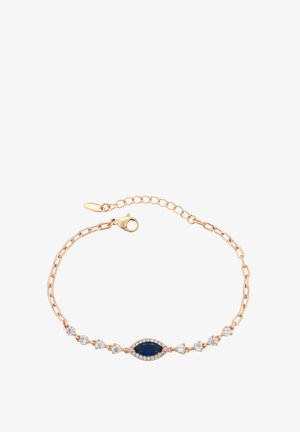 Aranyszínű karkötő váltakozó kék kövekkel és tiszta kristály díszítéssel. Láncos kialakítással és homárkapoccsal ellátva.