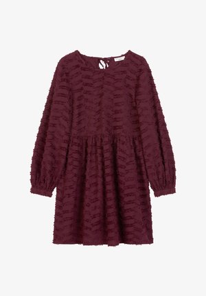 Burgunderfarbenes Kleid mit langen Ärmeln, strukturiertem Stoff mit wellenförmigem Muster, Rundhalsausschnitt mit Schlüsselhole-Detail und gerafftem Bund.