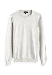 Maglione grigio chiaro in tessuto morbido, con scollo tondo, maniche lunghe e polsini e orlo a coste per una vestibilità aderente.