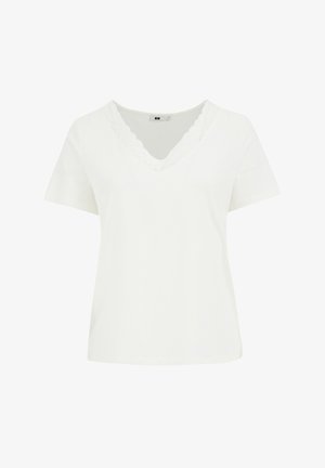 Witte T-shirt met korte mouwen en een V-hals, voorzien van kantafwerking. Zacht materiaal, relaxte pasvorm en een gladde textuur. Geen patronen of versieringen.
