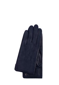 Navy leather gloves with a smooth texture, five fingers, subtle stitching details, and a small circular logo on one cuff.