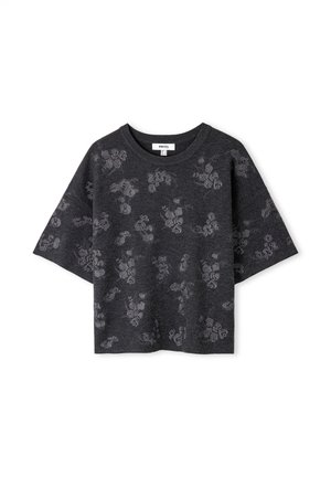 Kurzärmliger, dunkelgrauer Sweatshirt mit einem floralen Muster in Hellgrau. Runder Ausschnitt, lockere Passform und weicher Stoff.