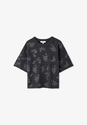 Kurzärmliger, dunkelgrauer Sweatshirt mit einem floralen Muster in Hellgrau. Runder Ausschnitt, lockere Passform und weicher Stoff.