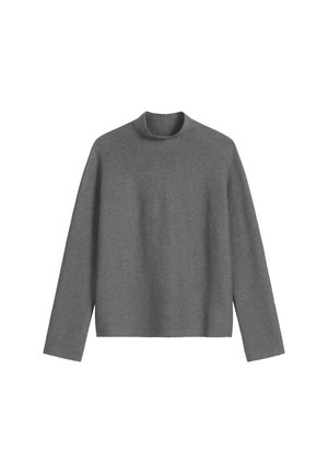 Grauer Rollkragenpullover aus weichem Stoff, mit langen Ärmeln und einer leicht lockeren Passform, ohne sichtbare Muster oder Akzente.