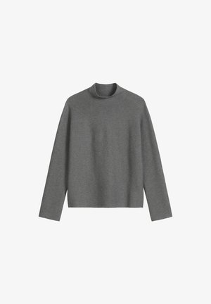 Grauer Rollkragenpullover aus weichem Stoff, mit langen Ärmeln und einer leicht lockeren Passform, ohne sichtbare Muster oder Akzente.